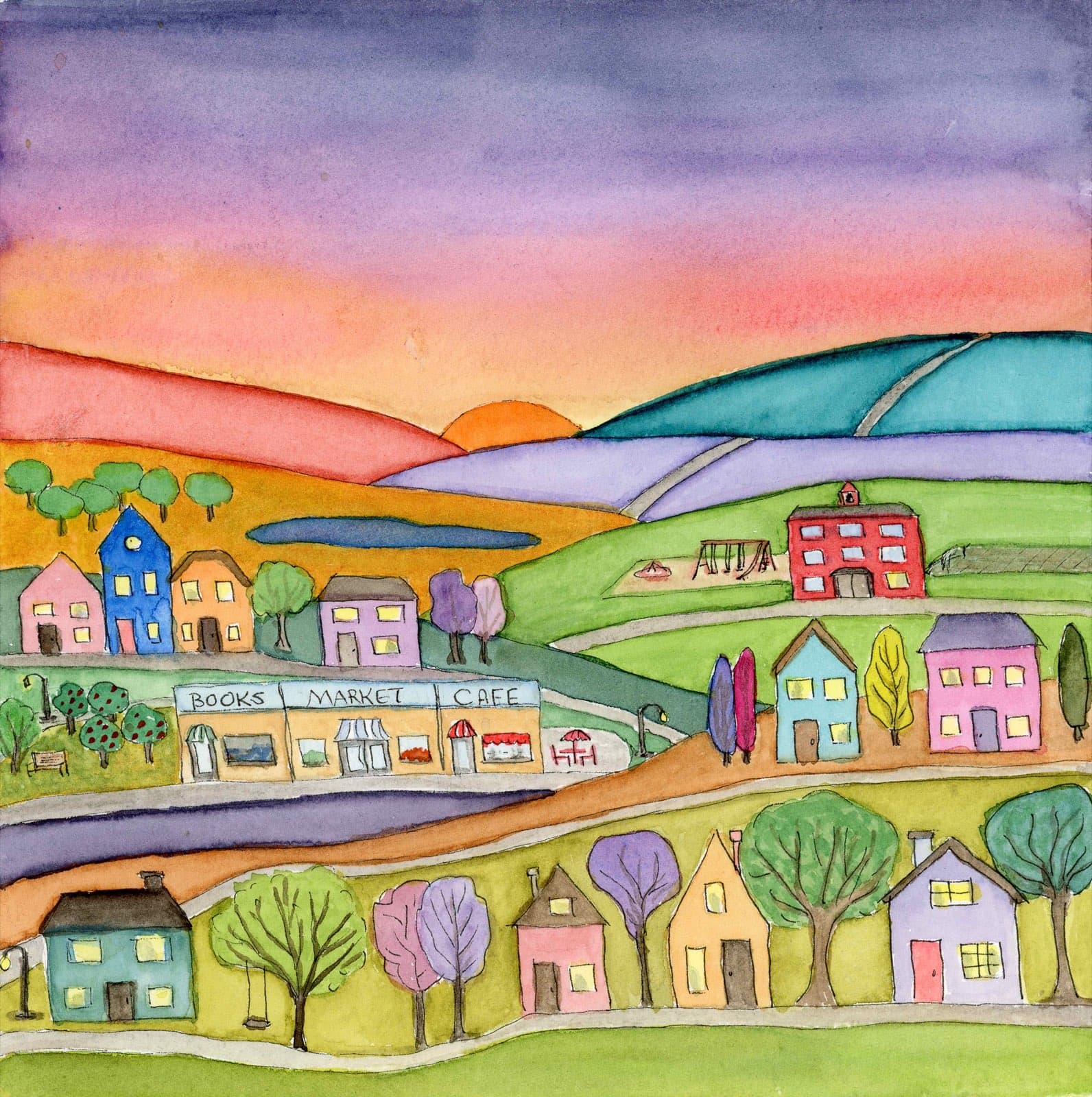 Watercolour painting of a hillside village at sunset, with houses, shops and trees